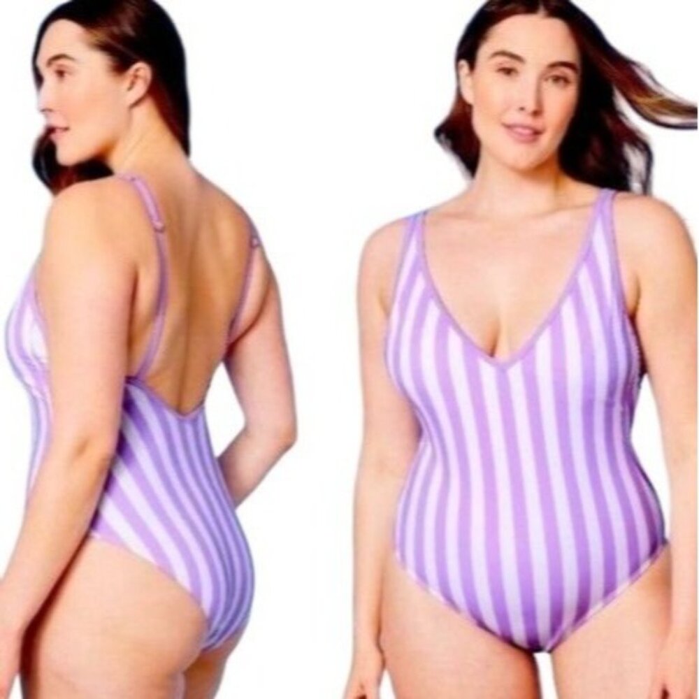 Kona Sol Plus One Piece Purple Stripe Print V-Neck High Leg Swim Suit 16W Plus